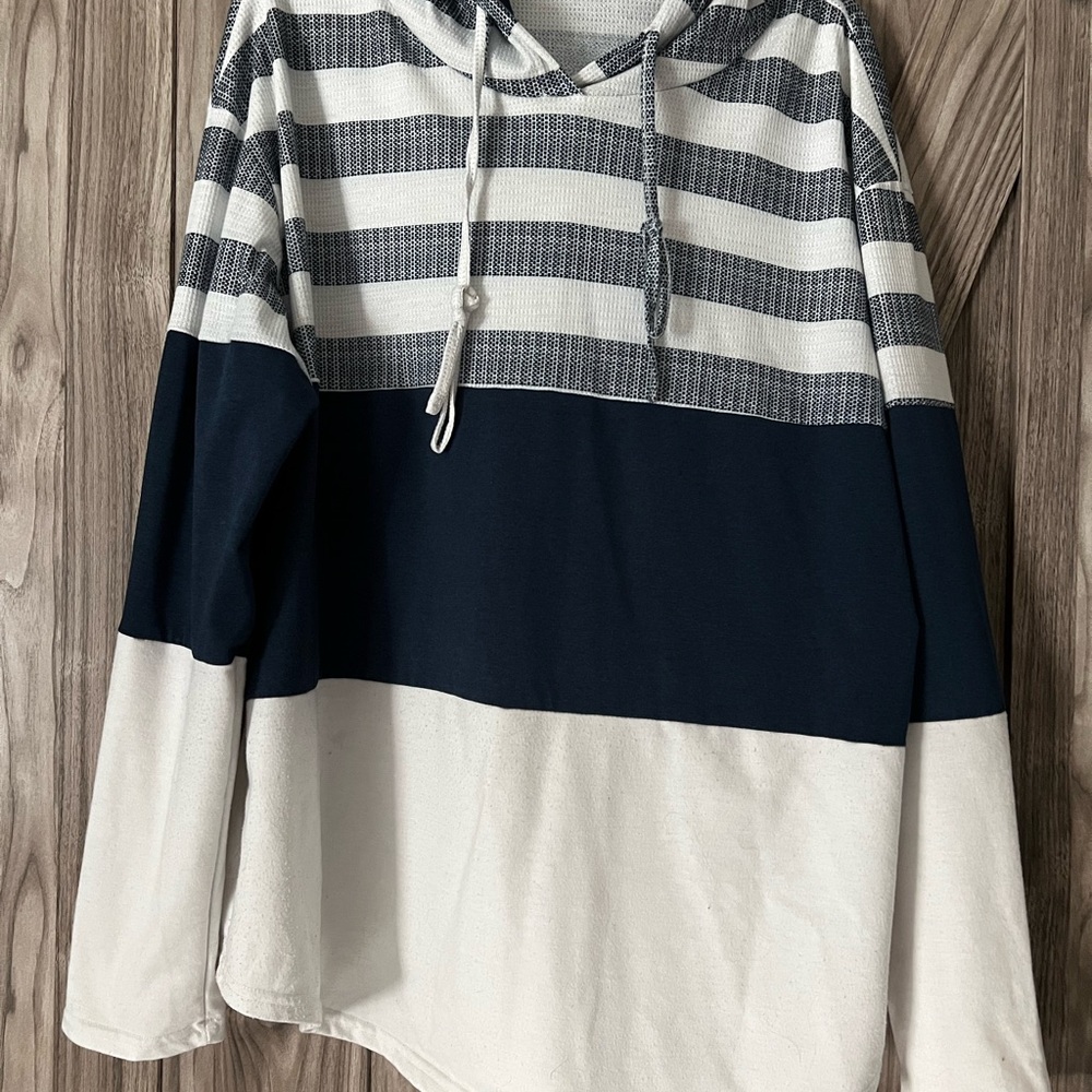 Blue and White Color-Block Hoodie Sweatshirt